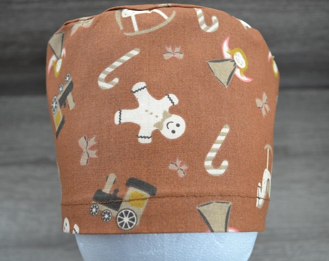 Surgical cap with gingerbread terry cloth band, scrub cap, bandana, cosmetic cap, chef's hat, brown with Christmas motif, Christmas surgical caps, candy cane