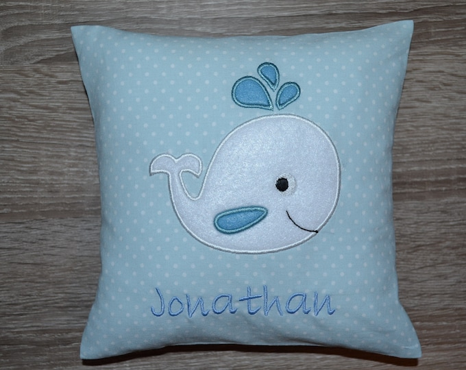 Name pillow with whale, doll pillow with whale, whale pillow 20 x 20 cm