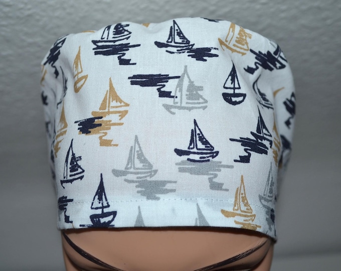 Surgical cap sailboat, scrub cap, cosmetic cap, chef's cap, bandana, peeling cap, surgical caps white with boats, ships surgical cap maritime