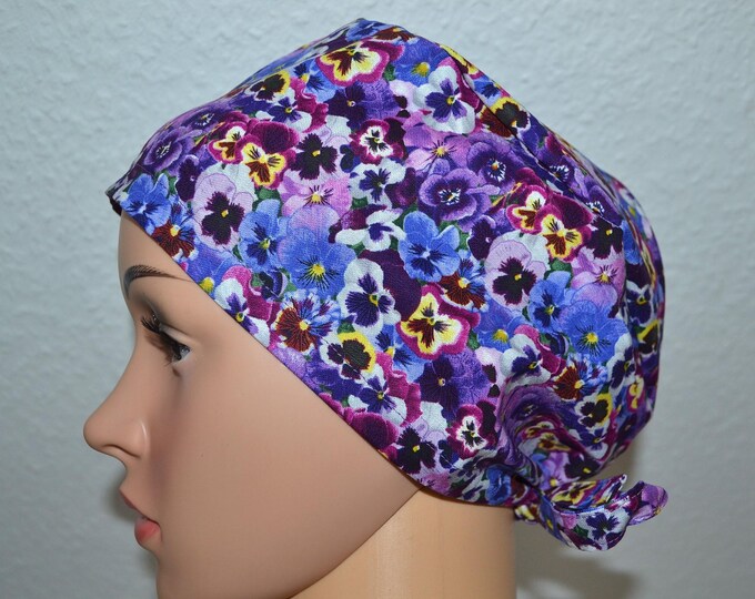 Surgical cap pansies, scrub cap, bandana, scrub hat, chef's cap, cosmetic cap, surgical caps, purple with flowers, floral cap