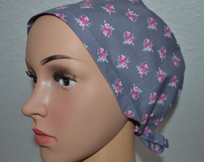 Surgical cap roses, scrub cap, bandana, chef's hat, scrub hat, cosmetic cap, surgical caps, gray with roses, handmade