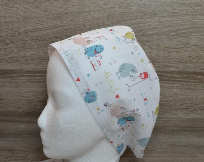 Surgical cap ECG, bandana, scrub cap, cosmetic cap, hospital, surgical caps, white with little hospital monsters, handmade