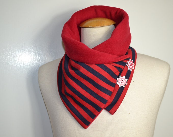 Button loop striped, button loops, loops, scarf, cotton jersey blue red striped and red fleece, wrap scarf, wrap loop, handmade