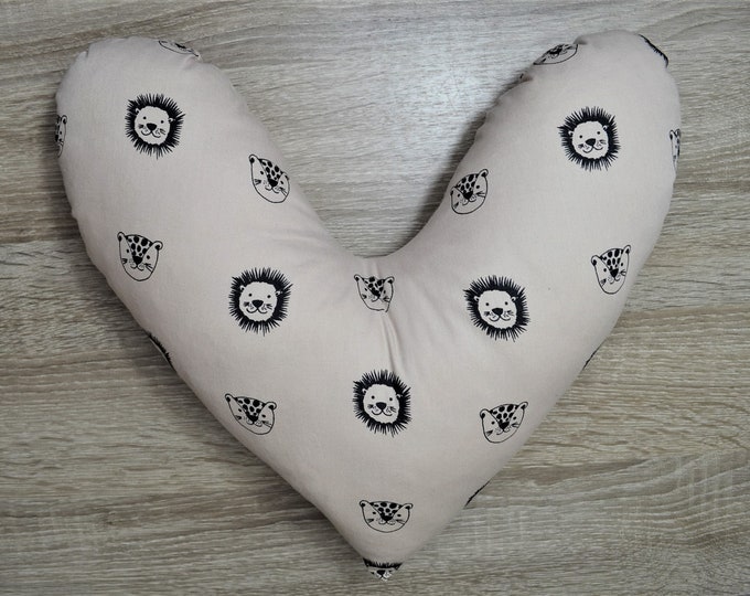 Heart pillow, breast heart pillow, mastectomy pillow, forearm pillow, breast surgery pillow, beige with lions and leopards, handmade