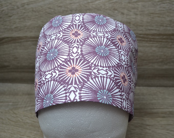 Surgical cap circle, scrub cap, bandana, cosmetic cap, chef's cap, peeling cap, white with purple circles, handmade