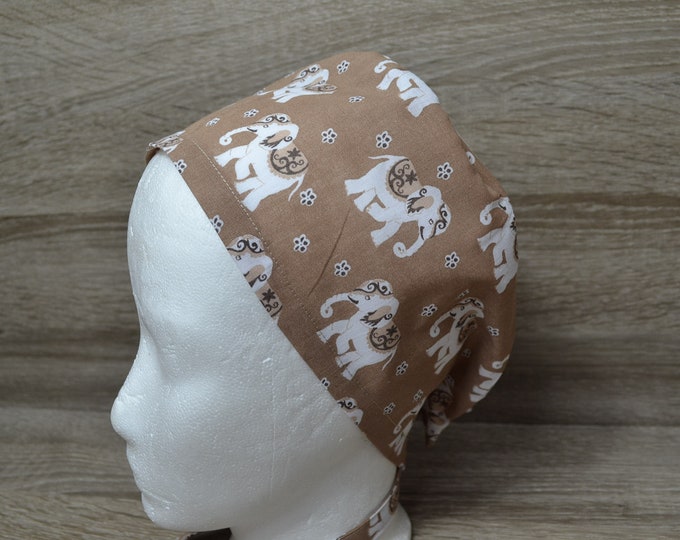 Surgical cap elephant with terry cloth bandana, peeling cap, cosmetic cap, chef's cap, surgical cap sweatband, brown with elephants, handmade