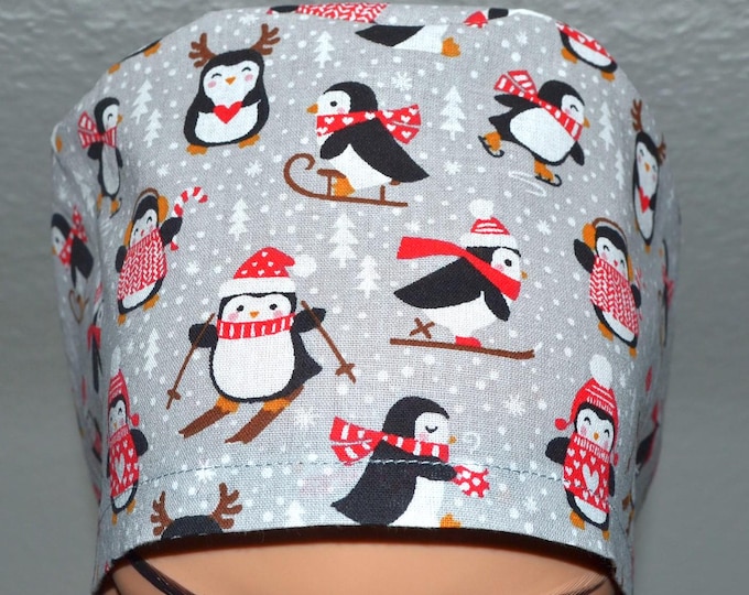Surgical cap penguin, scrub cap, bandana, cosmetic cap, chef's hat, grey with Christmas penguin, surgical caps Christmas, winter forest