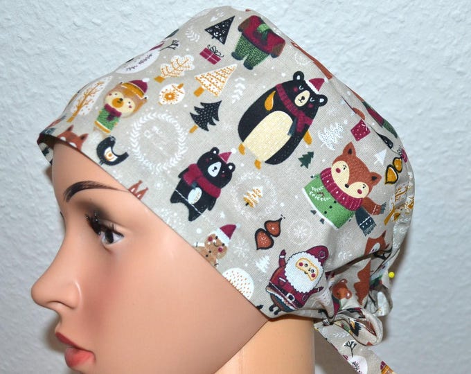 Surgical cap with winter animals, terry cloth band, scrub cap, bandana, cosmetic cap, chef's hat, beige with woodland animals, Christmas surgical caps, bear cap