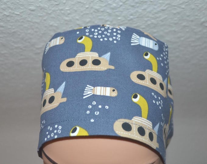 Surgical cap with submarine design, scrub cap, bandana, cosmetic cap, chef's cap, peeling cap, light blue with submarines, ship's cap, maritime cap, cancer cap