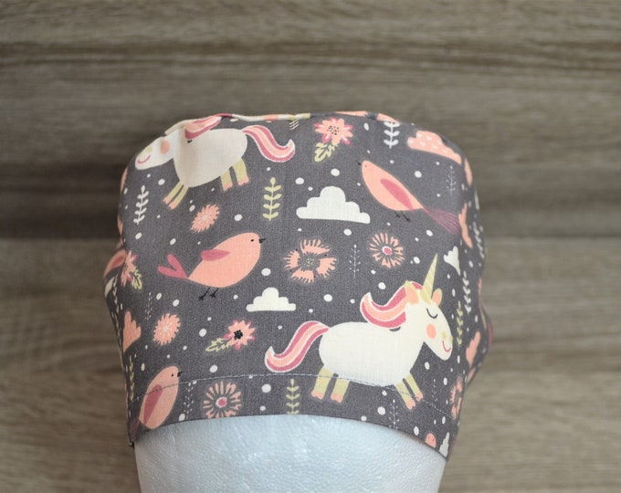 Surgical cap unicorn with terry cloth band, scrub cap, bandana, peeling cap, chef's cap, cosmetic cap, surgical caps, taupe with unicorns, handmade