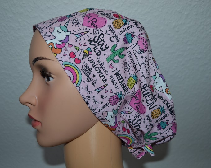Surgical cap XL for long hair unicorn, XL scrub cap, bandana, cosmetic cap, cooking cap, peeling cap, taupe with unicorns, unicorn cap,