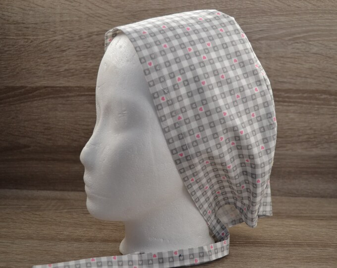 Surgical cap heart, scrub cap, bandana, peeling cap, chef's cap, cosmetic cap, surgical caps, white gray checkered, handmade