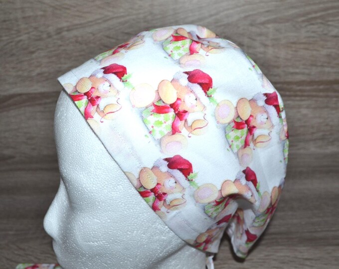 Surgical cap with Christmas bear design, terry cloth band, scrub cap, bandana, cosmetic cap, peeling cap, chef's hat, Christmas surgical caps, Christmas cap