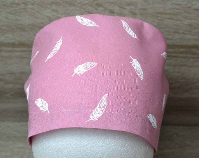 Surgical cap terry cloth band feathers, scrub cap, bandana, cosmetic cap, chef's cap, peeling cap, surgical cap old pink with feathers, feather cap, handmade