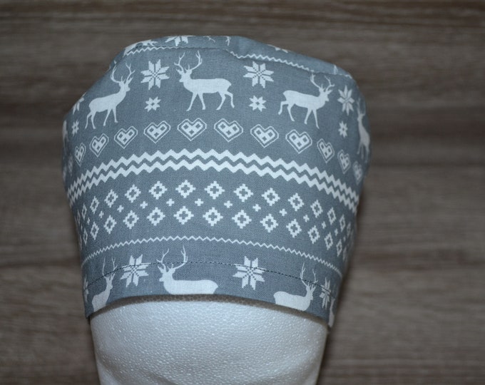 Surgical cap deer terry cloth band, bandana, scrub cap, cosmetic cap, grey with Norwegian pattern, moose, chef's cap, surgical cap Christmas,