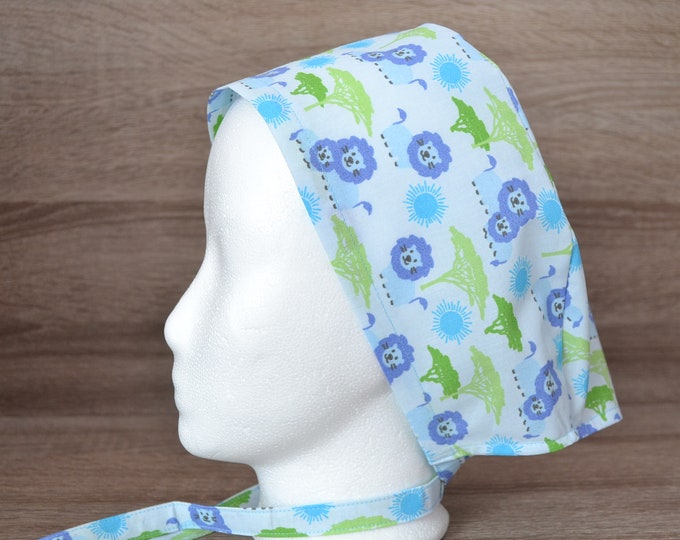 Surgical cap lion terry cloth band, scrub cap, chef's cap, bandana, peeling cap, cosmetic cap, surgical caps, light blue with lions, handmade