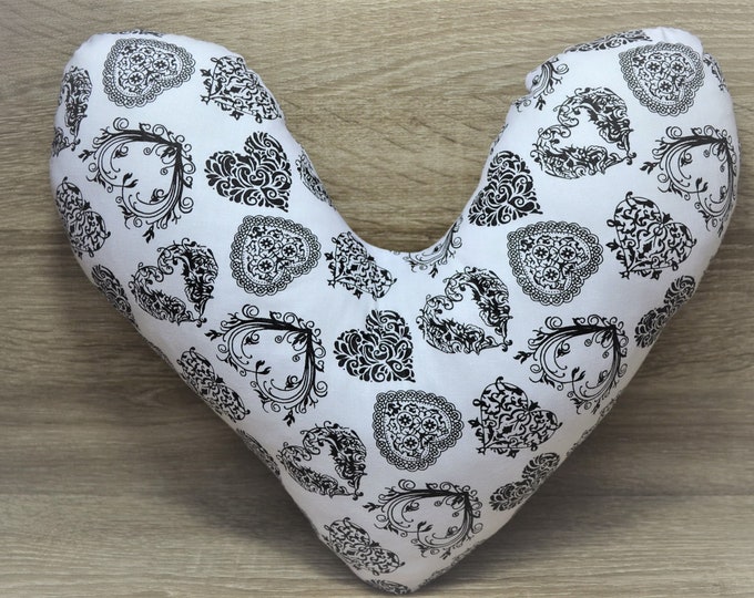 Heart pillow, chest heart pillow, mastectomy pillow, forearm pillow, breast surgery pillow, white with black hearts, handmade