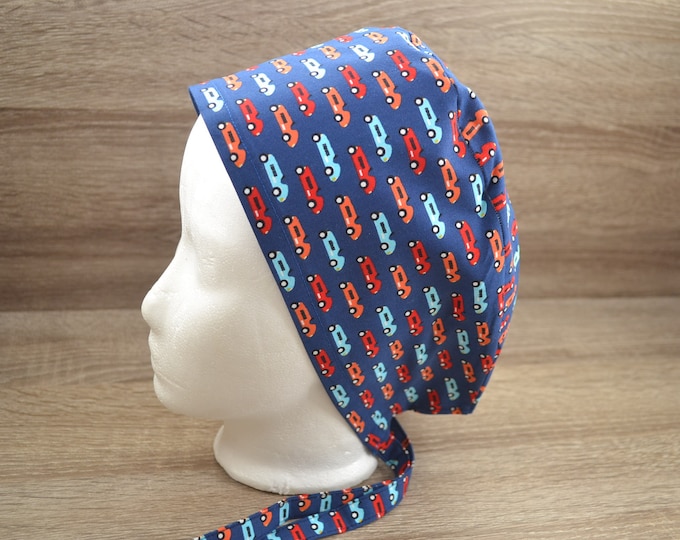 Surgical cap car, scrub cap, bandana, cosmetic cap, chef's hat, peeling cap, surgical caps, blue with cars, handmade