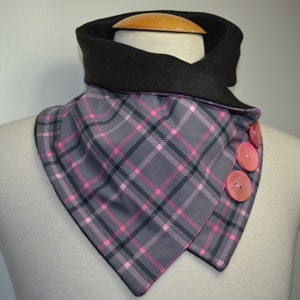 Button loop checked, button loops, loops, scarf, cotton jersey gray pink checked and black fleece, wrap scarf, wrap loop, handmade