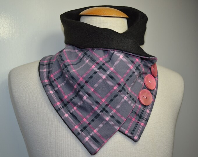 Button loop checked, button loops, loops, scarf, cotton jersey gray pink checked and black fleece, wrap scarf, wrap loop, handmade
