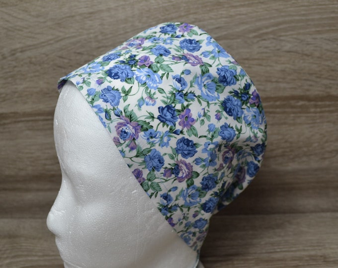 Surgical caps flowers with terry cloth bandana, peeling cap, cosmetic cap, chef's cap, light beige with blue flowers, handmade