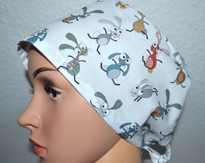 Surgical cap with rabbit design, scrub cap, bandana, cosmetic cap, chef's hat, peeling cap, bunny cap, surgical caps, white surgical cap with crazy bunnies