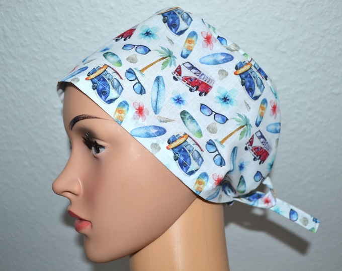 Surgical cap surfboard beach, scrub cap, chef's cap, bandana, peeling cap, cosmetic cap, surgical caps, white with surfboards, beach party