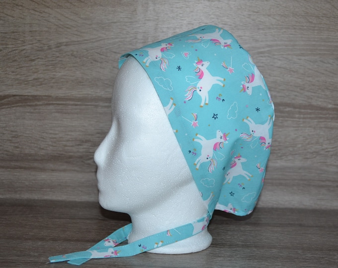 Surgical cap unicorn, scrub cap, bandana, peeling cap, chef's cap, cosmetic cap, surgical caps, turquoise with unicorns, handmade