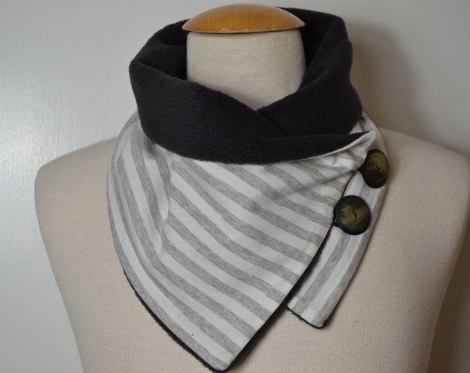 Button loop striped, button loops, loops, scarf, cotton jersey beige gray striped and gray fleece, wrap scarf, wrap loop, handmade