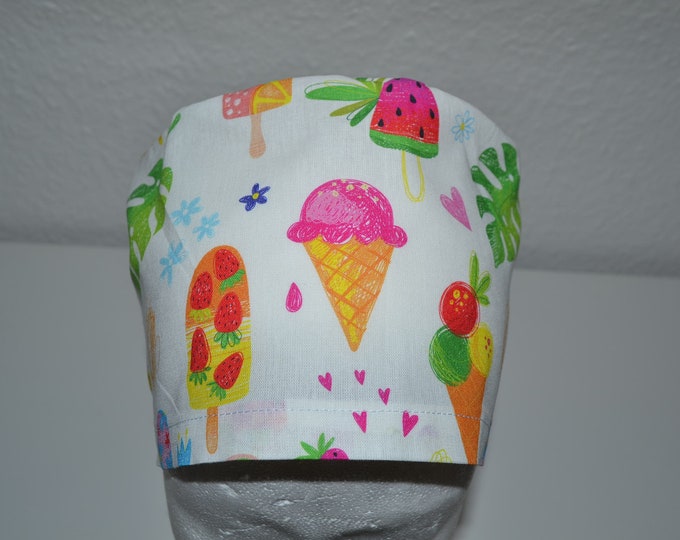 Surgical cap ice cream, scrub cap, bandana, cosmetic cap, chef's hat, peeling cap, surgical caps, white with colorful ice cream, handmade