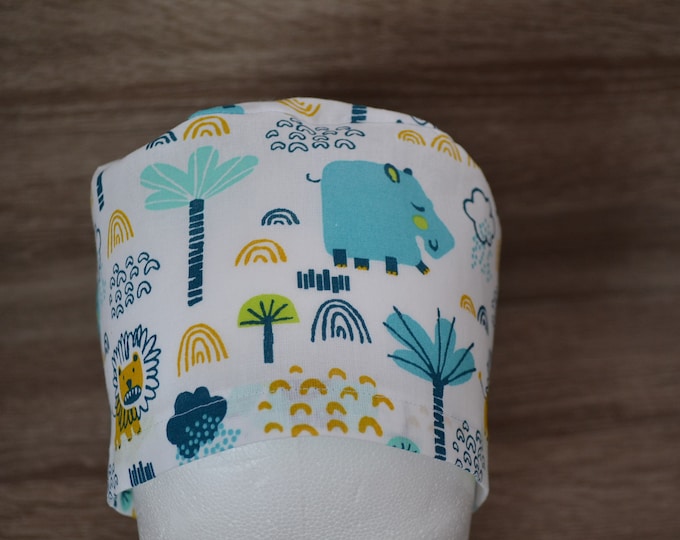 Surgical cap hippopotamus, scrub cap, bandana, cosmetic cap, chef's hat, peeling cap, surgical caps, white with hippopotamus jungle, handmade