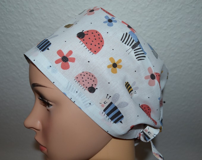 Surgical cap beetle butterfly with terry cloth band, scrub cap, cosmetic cap, cooking cap, bandana, peeling cap, white beetle bee butterfly