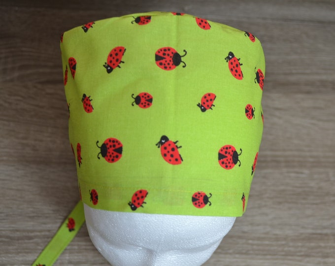 Surgical cap ladybird, scrub cap, bandana, cosmetic cap, chef's hat, peeling cap, surgical caps ladybird, green with beetle, handmade