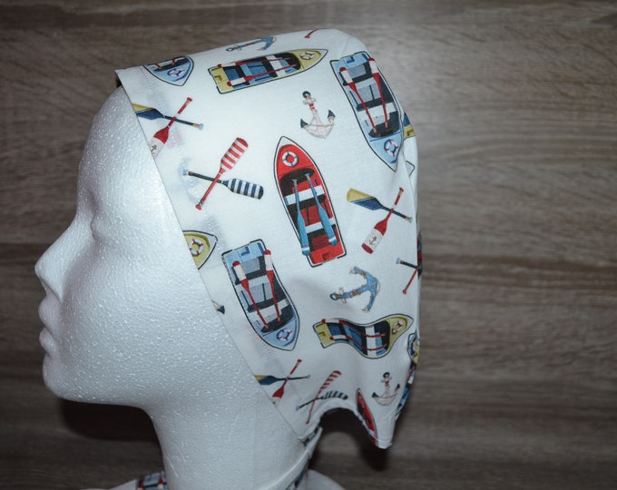 Surgical cap boat with terry cloth band, scrub cap, bandana, peeling cap, chef's cap, cosmetic cap, surgical caps, white with ships, handmade
