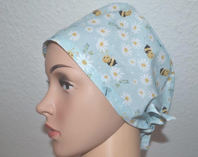 Surgical cap with bees, scrub cap, bandana, cosmetic cap, peeling cap, surgical caps, chef's cap, light blue with bees, bee cap, cancer cap bee