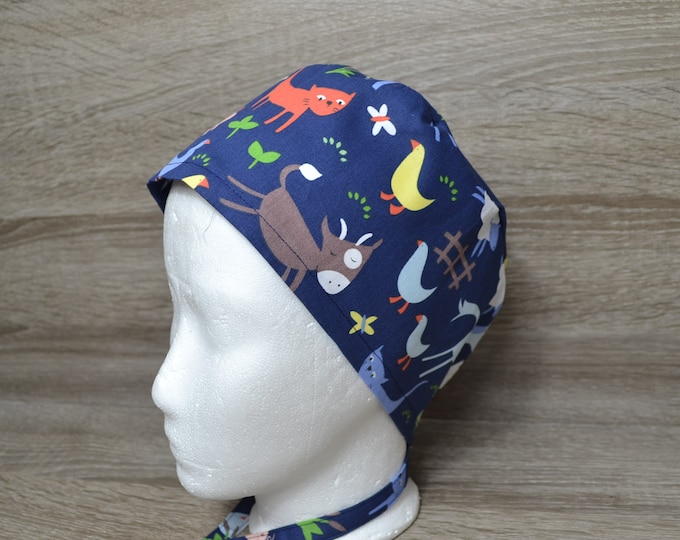 Surgical cap farm, scrub cap, bandana, cosmetic cap, chef's hat, peeling cap, surgical caps, blue with farm animals, handmade