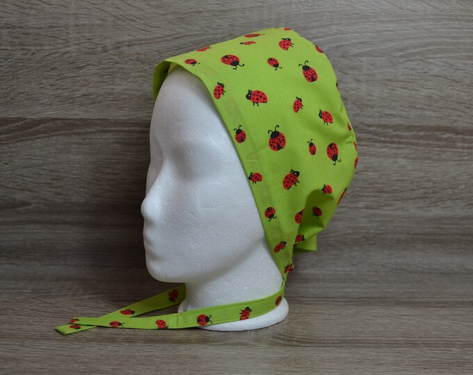 Surgical cap ladybird terry cloth band, scrub cap, bandana, cosmetic cap, chef's hat, peeling cap, surgical caps, green with lucky beetles, handmade