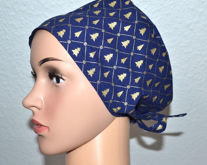Surgical cap with Christmas tree design, terry cloth band, scrub cap, cosmetic cap, chef's cap, bandana, peeling cap, surgical caps, dark blue with gold Christmas trees
