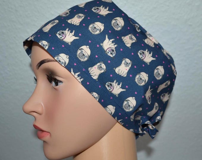 Surgical cap pug, scrub cap, chef's cap, bandana, peeling cap, cosmetic cap, surgical caps, blue with pugs dogs, dog cap, pugs