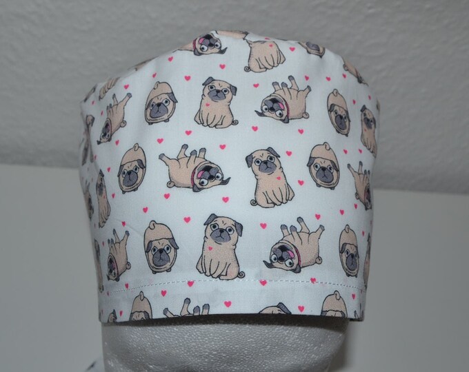 Surgical cap pug dog terry cloth band, scrub cap, chef's cap, bandana, peeling cap, cosmetic cap, surgical caps, white with pug dogs, handmade