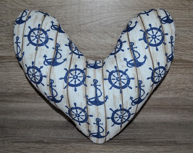 Heart pillow, breast heart pillow, mastectomy pillow, forearm pillow, breast surgery pillow, beige with blue anchors, handmade