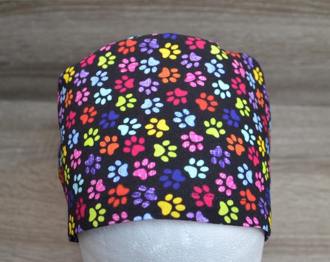 Surgical cap paw with terry cloth band, scrub cap, bandana, peeling cap, cosmetic cap, chef's cap, surgical cap sweatband, black with paws