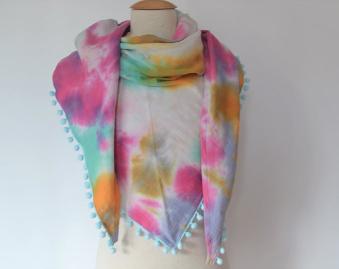 Triangular scarf XXL Mousselin Batik with turquoise pompoms, scarf XXL, giant scarf XXL, cotton scarf, Mother's Day, triangular scarf