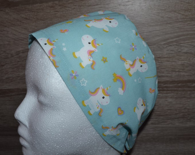 Surgical cap unicorn with terry cloth band, scrub cap, bandana, peeling cap, chef's cap, cosmetic cap, surgical caps, turquoise with unicorns, handmade