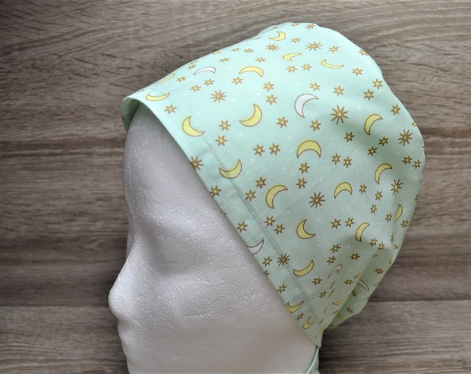 Surgical cap moon stars with terry cloth band, scrub cap, bandana, peeling cap, chef's cap, cosmetic cap, mint with moon and stars, handmade