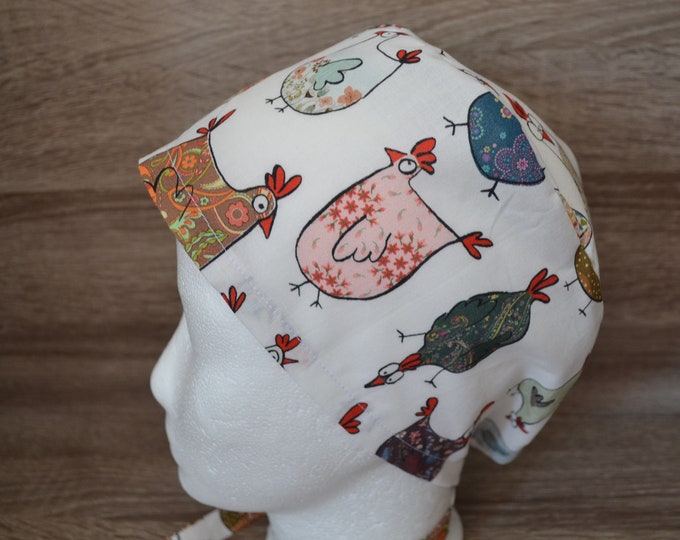 Surgical cap chicken, scrub cap, bandana, peeling cap, cosmetic cap, white with funny chickens, chef's hat, handmade