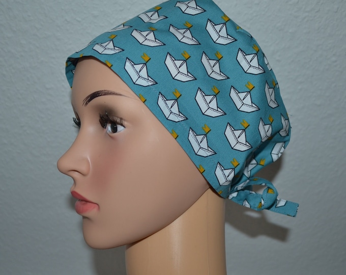 Surgical cap ship, scrub cap, cosmetic cap, cooking cap, bandana, peeling cap, surgical caps, blue with boats maritime, handmade