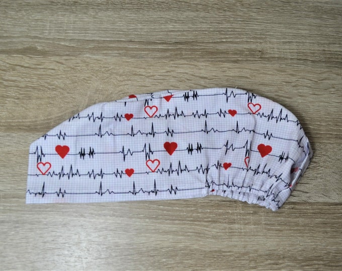 Surgical cap EKG with elastic band, chef's hat, surgical caps, bandana, scrub cap, cosmetic cap, white with heart, handmade