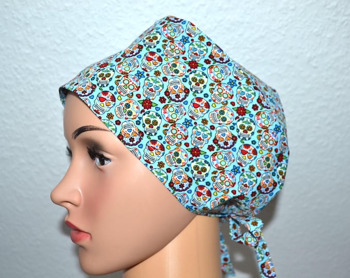 Surgical cap skull terry cloth band, scrub cap, bandana, cosmetic cap, chef's hat, peeling cap, surgical cap skull, blue with skulls, handmade