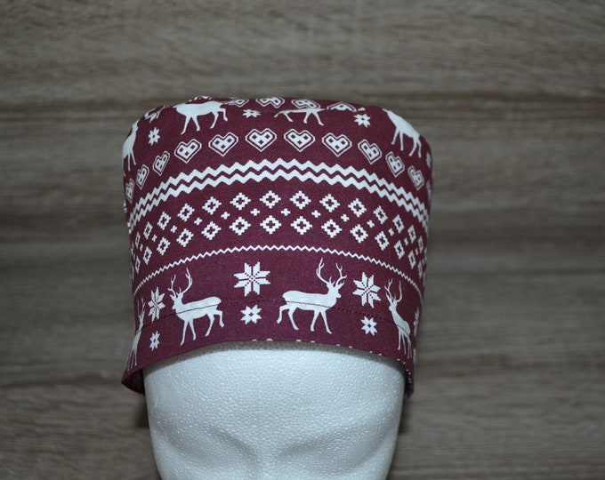 Surgical cap deer, scrub cap, bandana, peeling cap, cosmetic cap, chef's hat, surgical caps, wine red Norwegian pattern, handmade